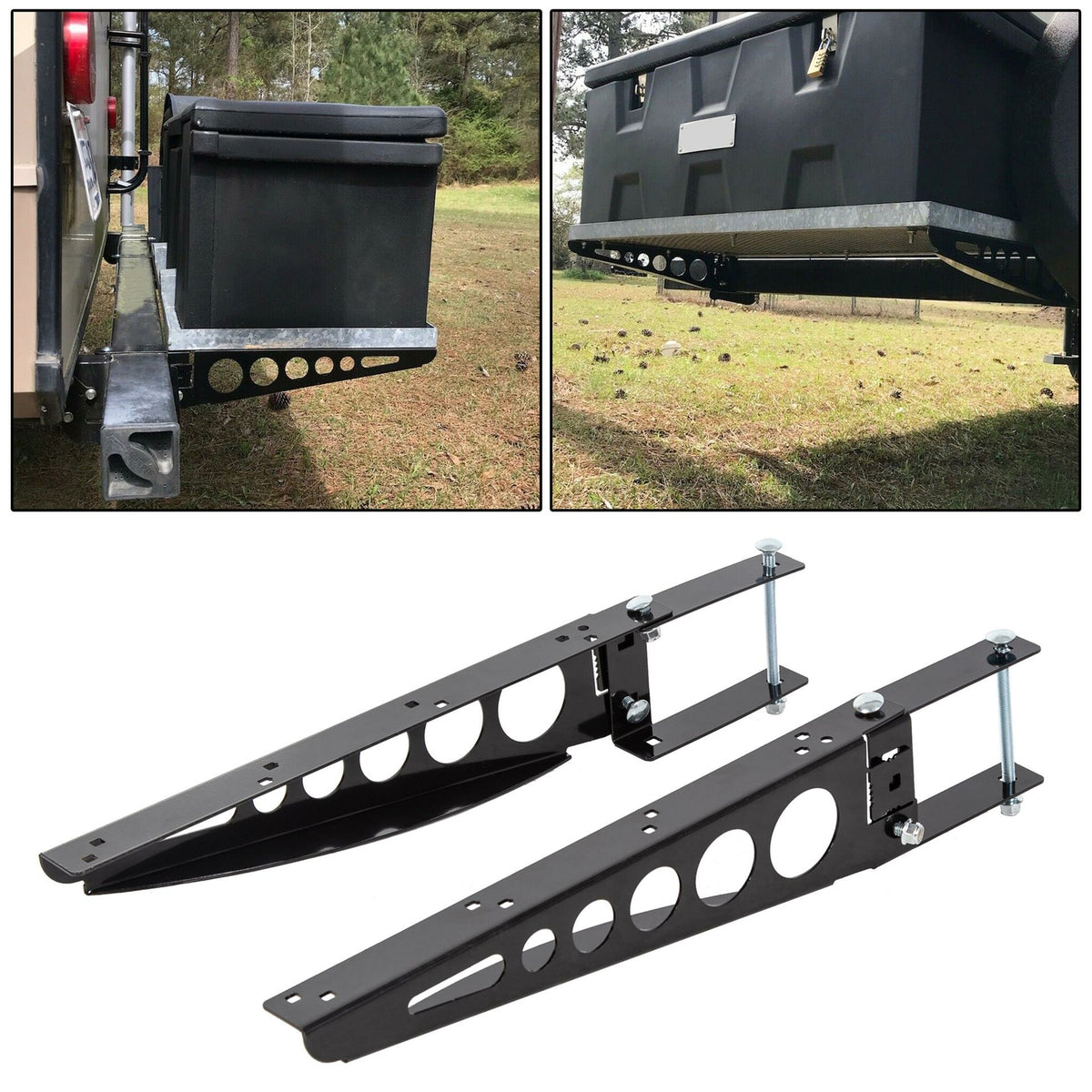 RV bumper cargo box support arms