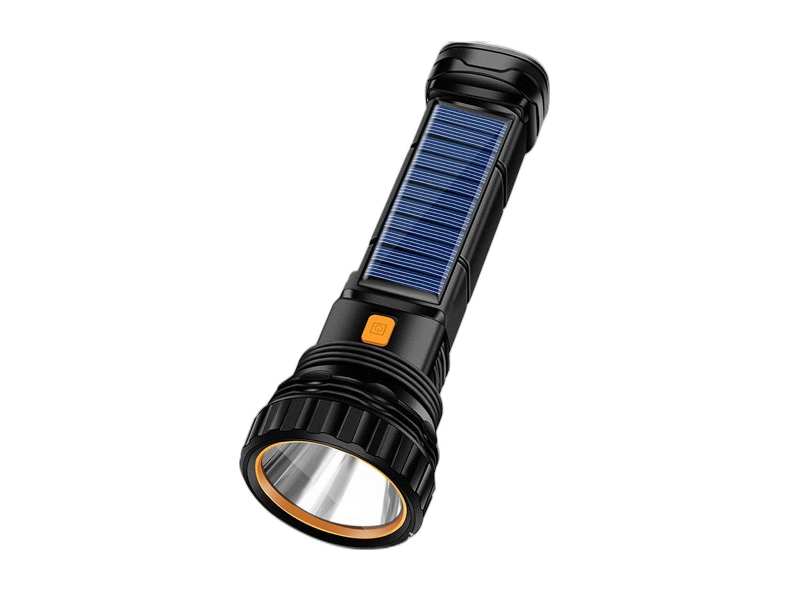 solar rechargeable multi function 1000 lumens led flashlight on white background