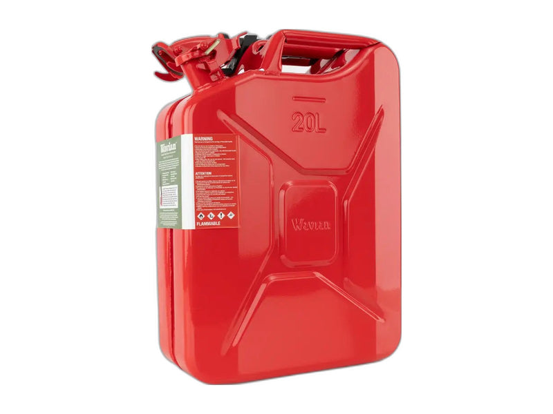 Wavian NATO steel jerry can in Red with spout, front view on white background