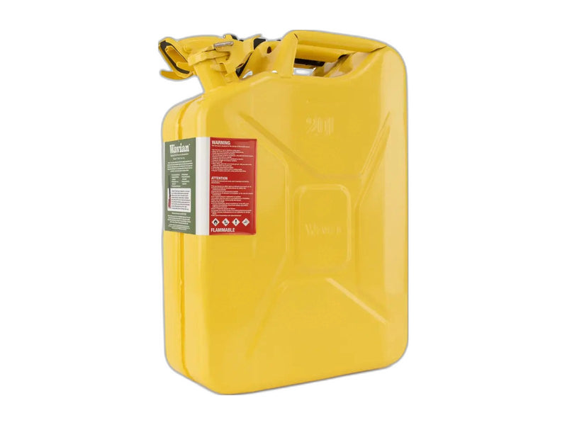 Wavian NATO steel jerry can in Yellow with spout, front view on white background