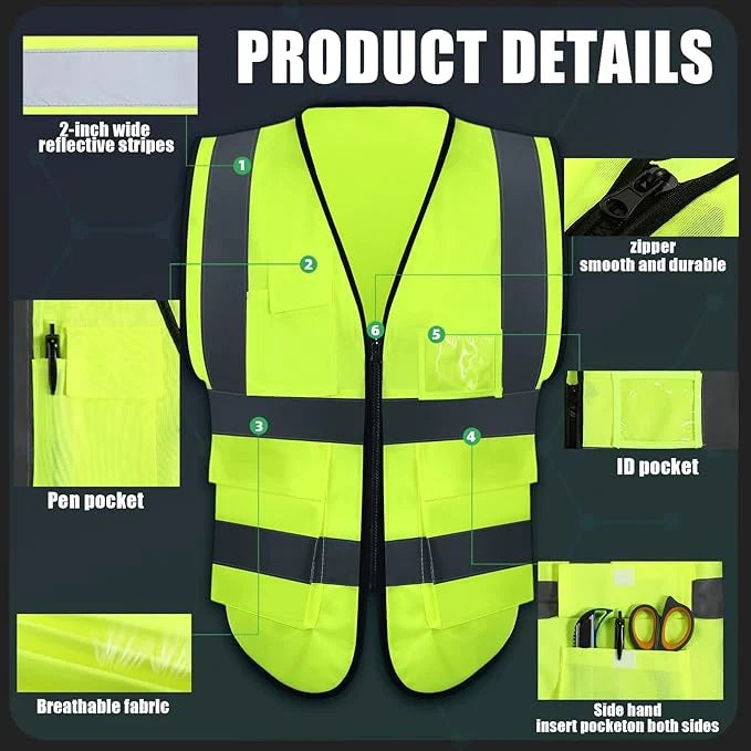 Yellow Reflective Safety Vest with Pockets Medium